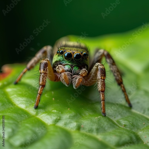 Macro Look: Hairy Spider Perched on a Vibrant Green Leaf: Generative AI