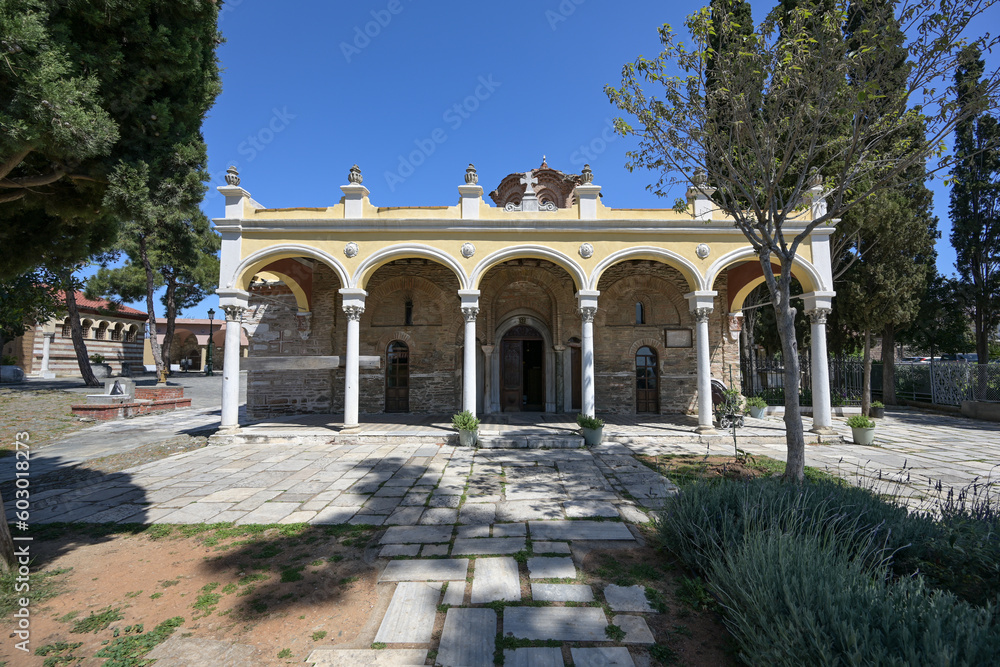 Vlatades Monastery, historic Byzantine temple in the upper town of Thessaloniki, Greece, UNESCO World Heritage Site since 1988, landmark and tourism destination, blue sky copy space