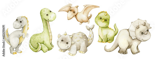 Cute dinosaurs, in cartoon style, painted in watercolor. Prehistoric animals of pastel colors, on an isolated background. © Natalia