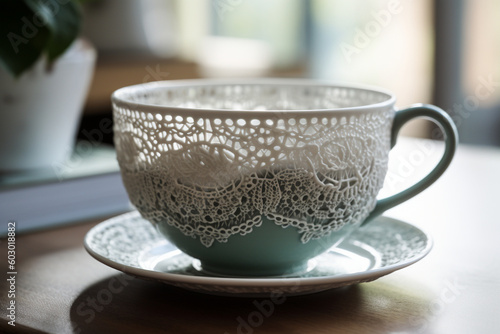 A vintage-inspired tea cup design featuring intricate lace patterns, reminiscent of antique doilies and exuding an air of elegance and refinement Generative AI