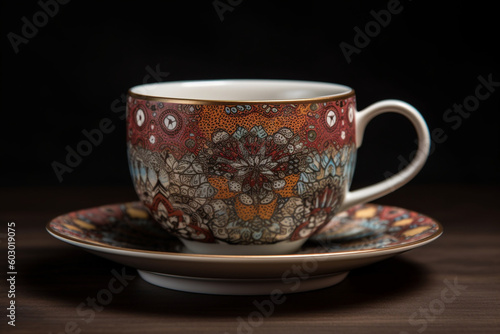 A bohemian-inspired tea cup design with intricate mandala patterns in rich earthy tones, inviting a sense of relaxation and spiritual harmony Generative AI