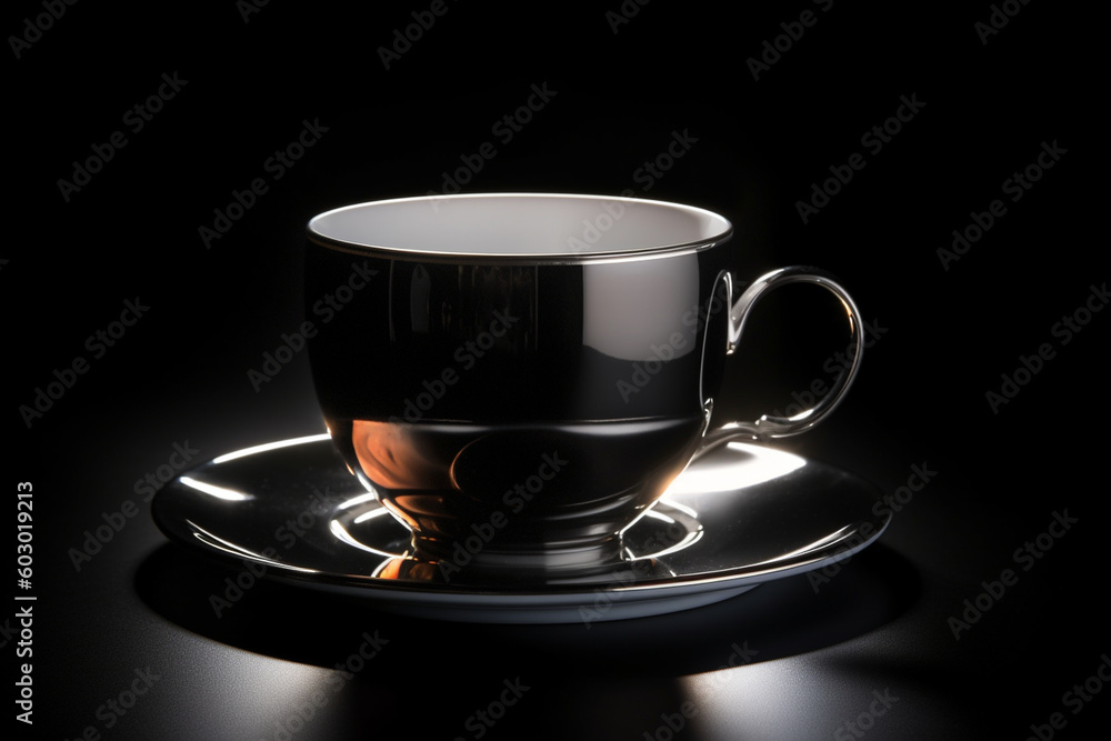 A modern tea cup design with a sleek black background, accentuated by a metallic silver teapot silhouette, representing contemporary elegance and style Generative AI A modern tea cup design with a sleek black background, accentuated by a metallic silver teapot silhouette, representing contemporary elegance and style Generative AI