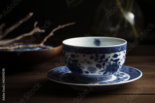 A tea cup design inspired by traditional Chinese porcelain, featuring delicate blue and white patterns, representing the elegance and craftsmanship of tea culture Generative AI