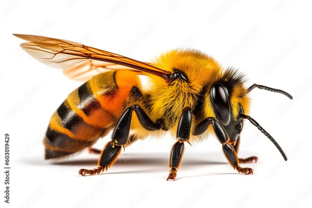 A close up of a bee on a white background. Generative AI.