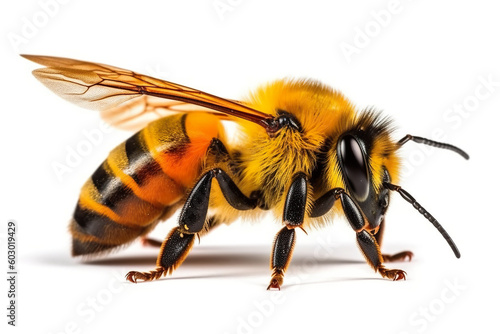 A close up of a bee on a white background. Generative AI. © tilialucida