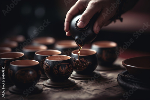 A close-up of hands gracefully pouring tea from a traditional Chinese teapot into delicate cups, capturing the essence of the tea ceremony Generative AI