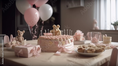 Girl Pink Rosa Mädchen Babyshower Kinder Baby Geburtstag Kuchen Balloons Geschenke Generative AI