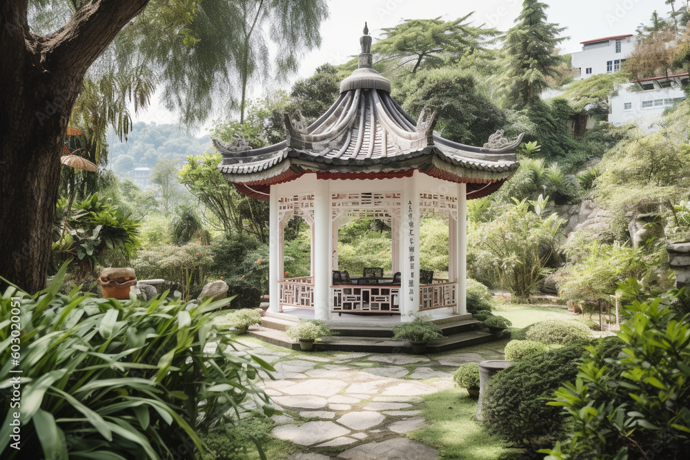 A tranquil tea garden with lush greenery and a traditional Chinese pavilion, serving as a picturesque backdrop for the tea ceremony Generative AI A tranquil tea garden with lush greenery and a traditional Chinese pavilion, serving as a picturesque backdrop for the tea ceremony Generative AI