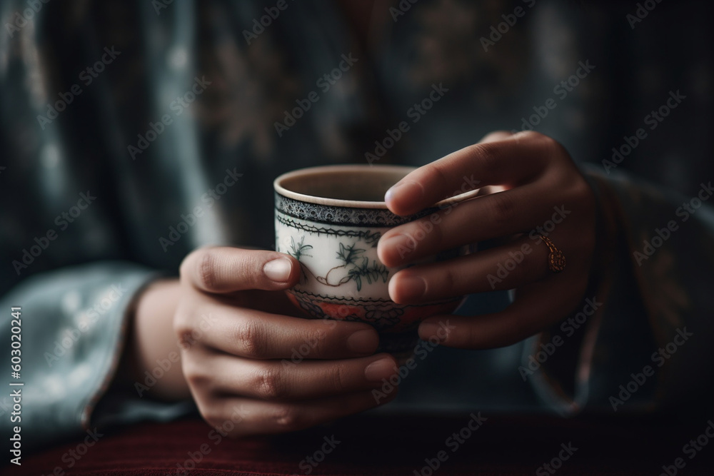 A serene image of hands holding a teacup, capturing the meditative quality and mindfulness practiced during a traditional Chinese tea ceremony Generative AI A serene image of hands holding a teacup, capturing the meditative quality and mindfulness practiced during a traditional Chinese tea ceremony Generative AI