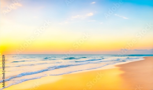 Panoramic beach landscape. Inspire tropical beach seascape horizon. Orange and golden sunset sky calmness tranquil relaxing sunlight summer mood. Vacation travel generative ai
