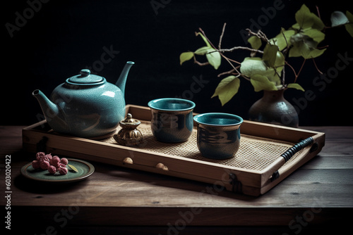 A still-life photograph of a tea tray with a teapot, teacups, and bamboo utensils, symbolizing the elegance and tranquility of a traditional Chinese tea ceremony Generative AI