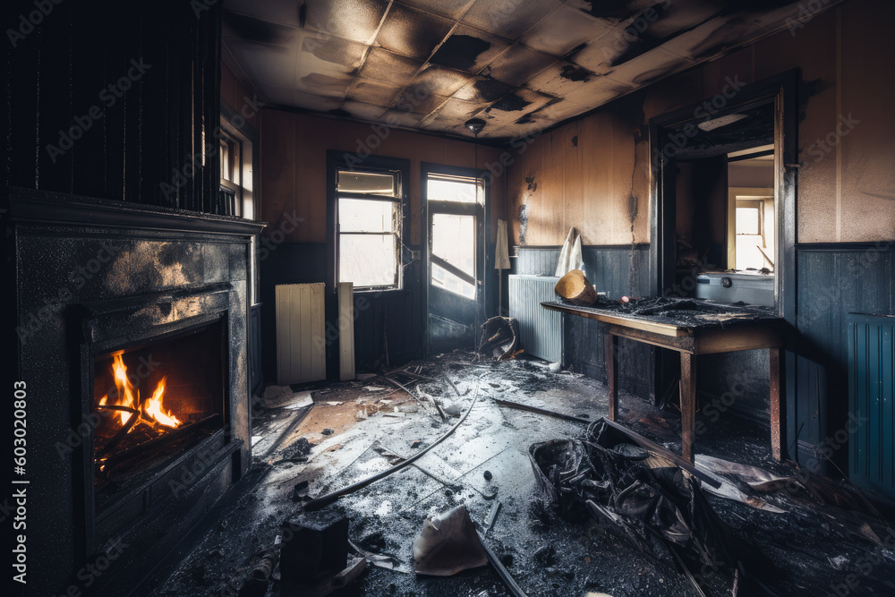 Aftermath of a house fire. Ruined house interior in building after fire. Burned walls and furniture. Generative AI