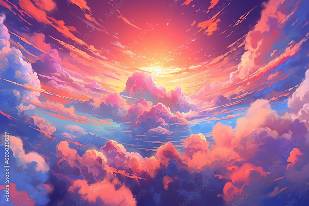 a pink, purple and blue sky of clouds wallpaper. generative AI