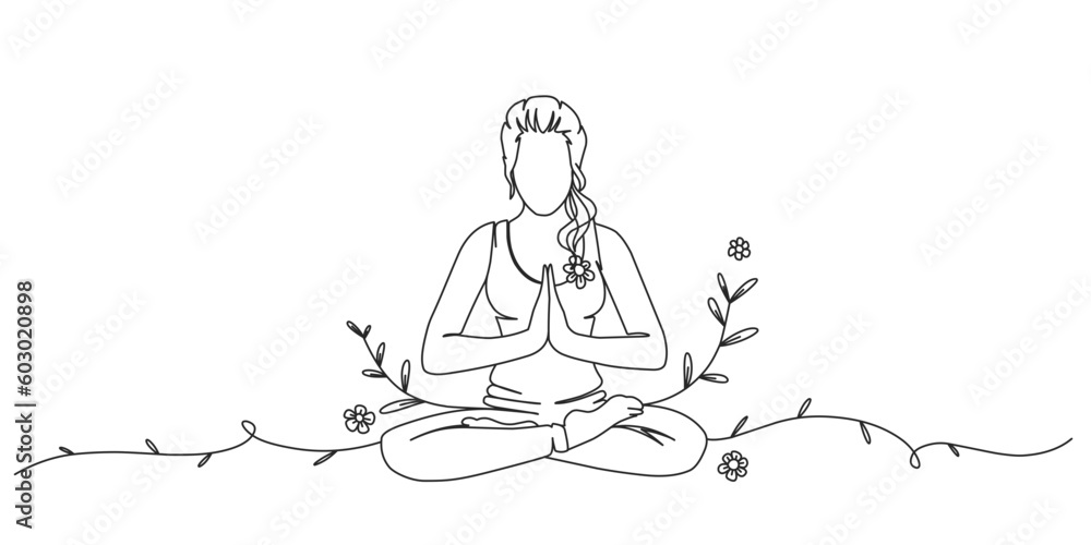 Line art illustration person in yoga lotus pose, international yoga day line art style vector illustration