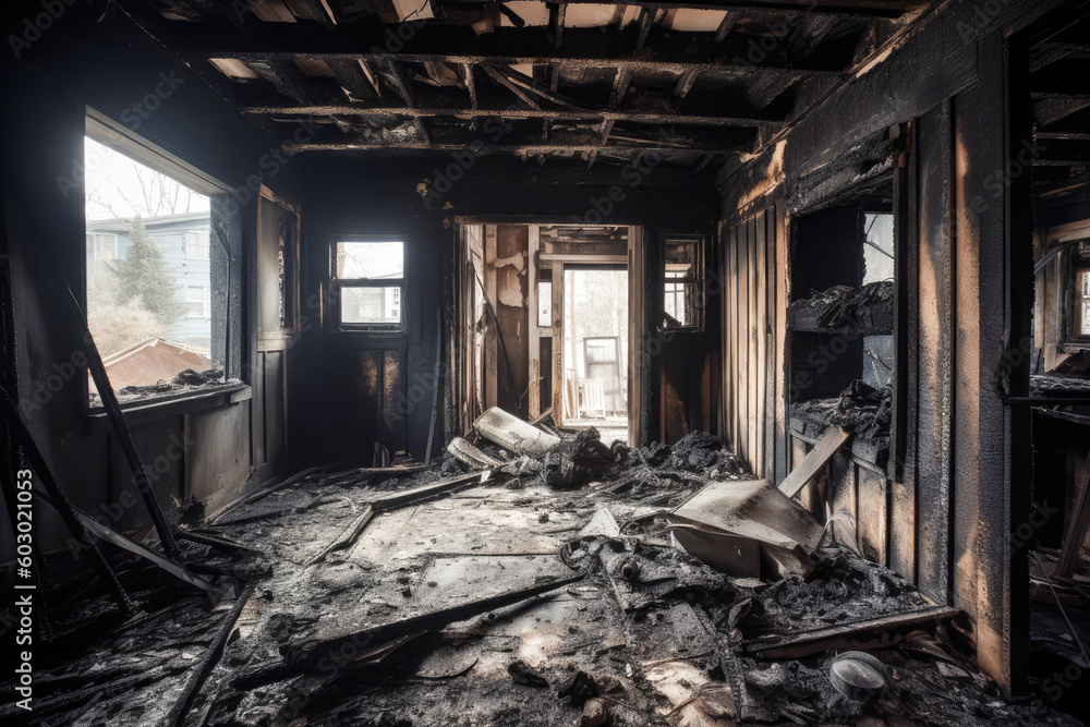 Aftermath of a house fire. Ruined house interior in building after fire. Burned walls and furniture. Generative AI Aftermath of a house fire. Ruined house interior in building after fire. Burned walls and furniture. Generative AI