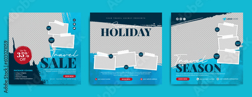 Tour and travel business promotion social media post template with brush stroke background. Summer holiday traveling online marketing flyer, banner or poster. Travel web banner with grunge paint brush
