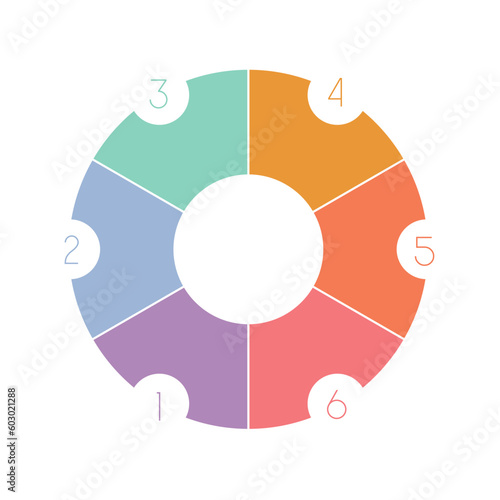  Infographicks template for presentation or newsletters, Powerpoint and Keynote, newsletter. Colored gear numbered with space for text on six 6 positions