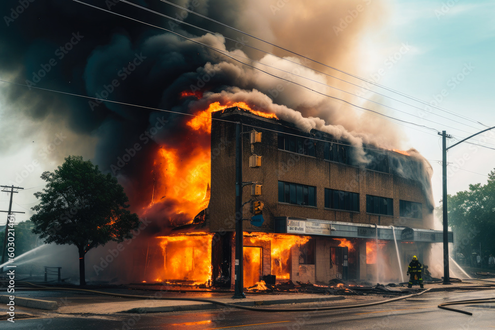 Burning commercial building engulfed in flames. Burning house upper floor and ascending black smoke. Generative AI