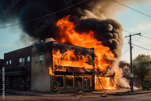 Burning commercial building engulfed in flames. Burning house upper floor and ascending black smoke. Generative AI