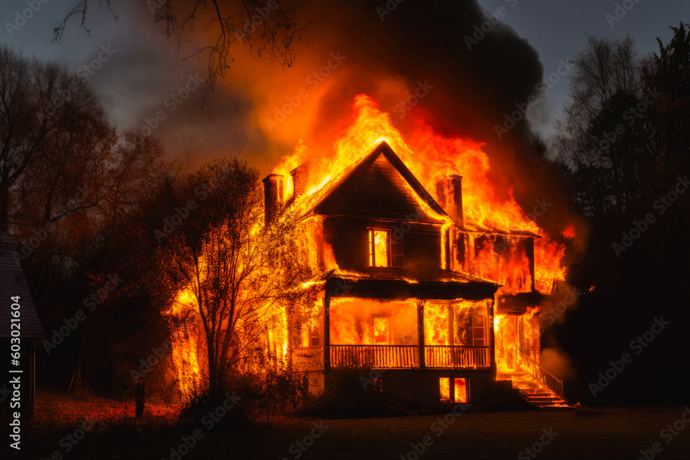 Burning house engulfed in flames. Burning family home with ascending black smoke. Generative AI Burning house engulfed in flames. Burning family home with ascending black smoke. Generative AI