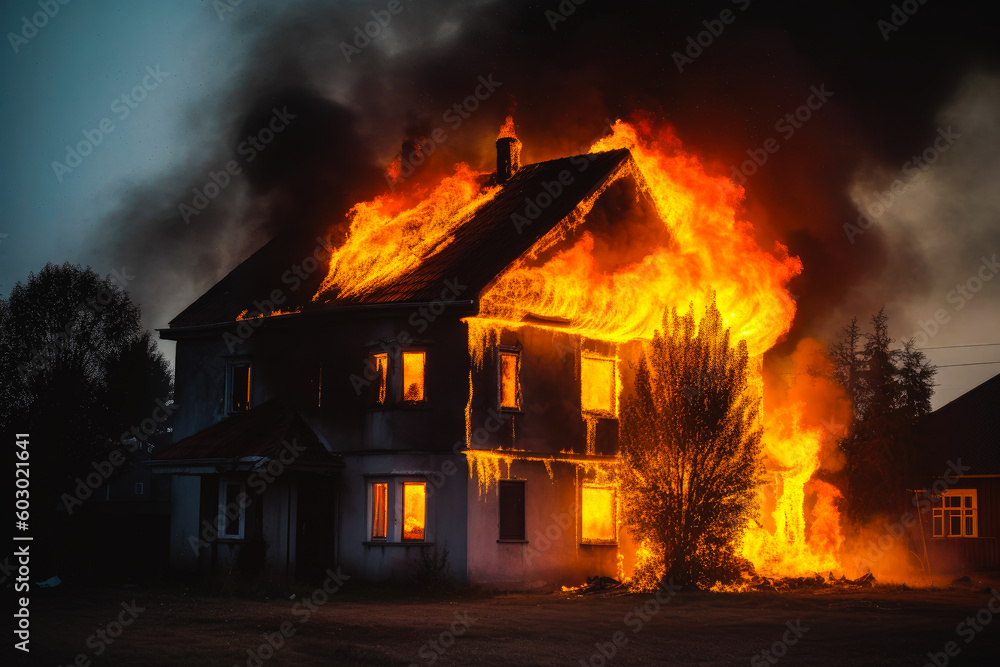 Burning house engulfed in flames. Burning family home with ascending black smoke. Generative AI