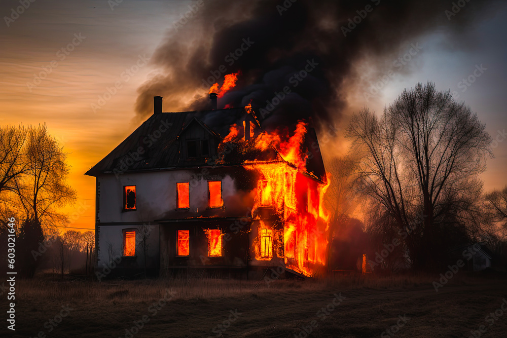 Burning house engulfed in flames. Burning family home with ascending black smoke. Generative AI Burning house engulfed in flames. Burning family home with ascending black smoke. Generative AI