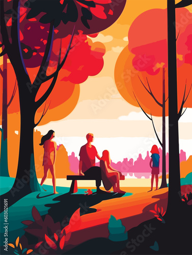 Happy family walking in park. Poster in retro style. Vector illustration