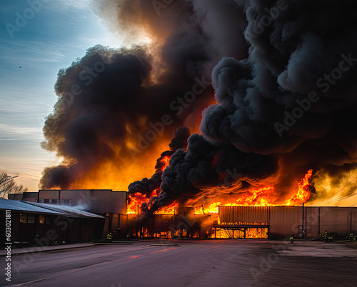 Burning warehouse. Big warehouse building engulfed in flames with ascending black smoke. Generative AI