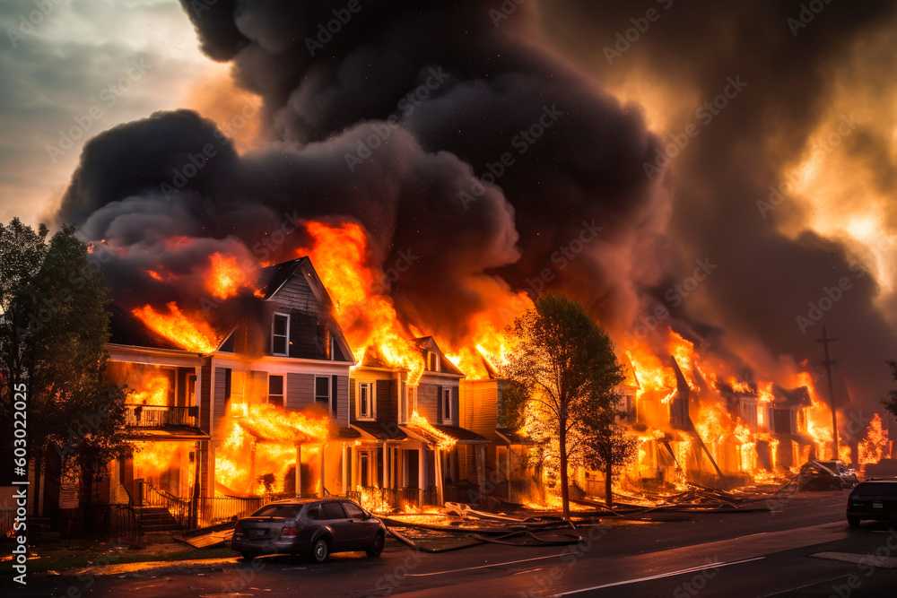 Burning neighborhood engulfed in flames. Whole neighborhood of houses caught in fire with ascending black smoke. Generative AI