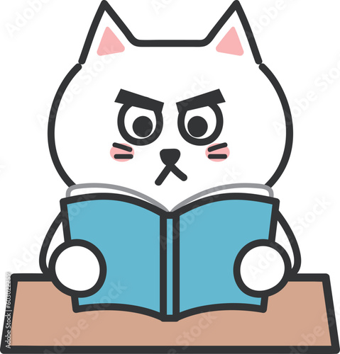 White cartoon cat reading a book thoroughly, vector illustration.