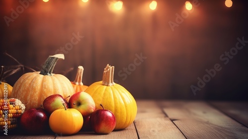 Pumpkins Apples and Corn on Rustic Harvest Table Background, Generative Ai
