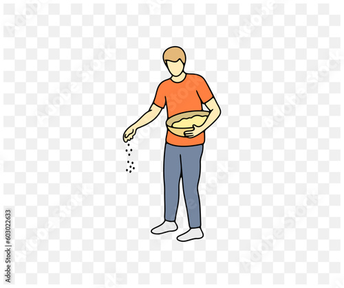 Man pouring grain from a basket, farmer and agriculture, colored graphic design. Man sows grain throwing it on the ground, farm and farming , vector design and illustration