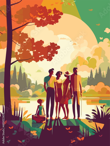 Happy family walking in park. Poster in retro style. Vector illustration