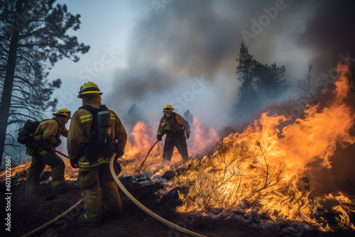 Firefighters putting out a wildfire fire. Group of firefighters extinguishing fire burning in nature. Generative AI