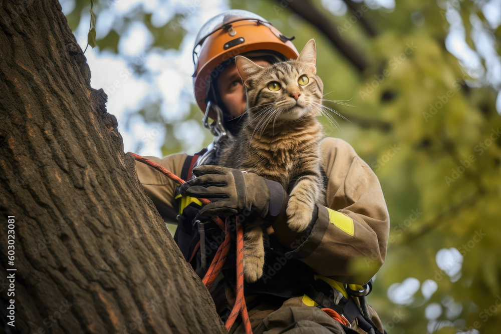 Firefighters saving a cat from a tree. Brave fireman climbing a tree to