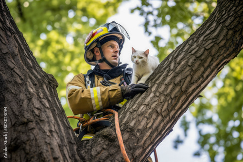 Firefighters saving a cat from a tree. Brave fireman climbing a tree to rescue a cat. Generative AI