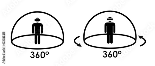 360 degree and panorama view vector icon set. Virtual tour, street view or virtual reality technology symbol