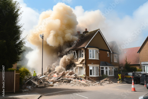 Gas explosion in a home. Damaged family house building with rubble and smoke. Generative AI