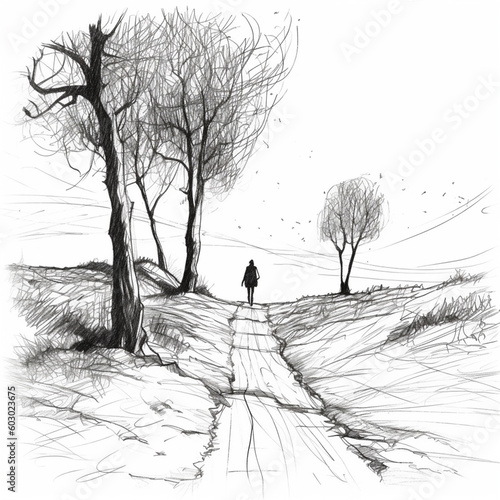 A man was walking on a narrow path. Trees and shrubs grow along the trail. 2D black and white drawing using pencil medium. 