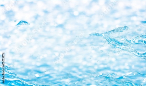 Transparent blue clear water surface texture with ripples, splashes and bubbles. Abstract summer banner background Water waves in sunlight, generative ai