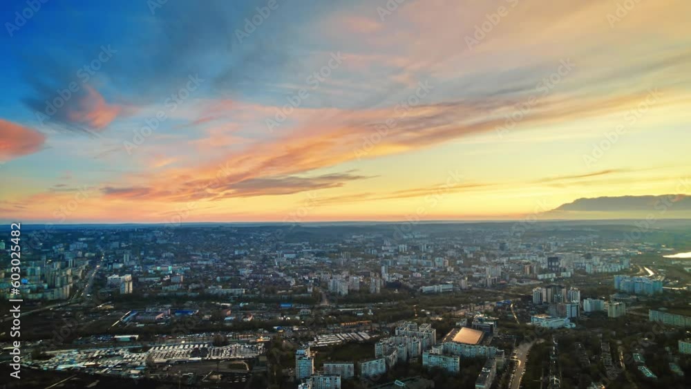 Aerial drone view of Chisinau at sunset, Moldova. Residential district with multiple buildings, greenery Aerial drone view of Chisinau at sunset, Moldova. Residential district with multiple buildings, greenery