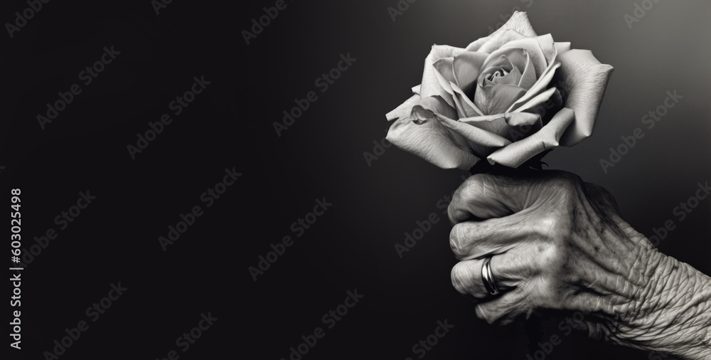 Fototapeta premium Healthy Aging Concept. A Senior Woman's Hand with a Delicate Rose. Generative AI