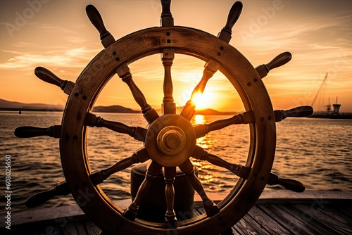 Nautical Sunset - Ship's Wheel Close-Up - AI Generated