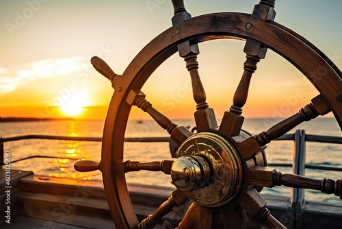 Nautical Sunset - Ship's Wheel Close-Up - AI Generated