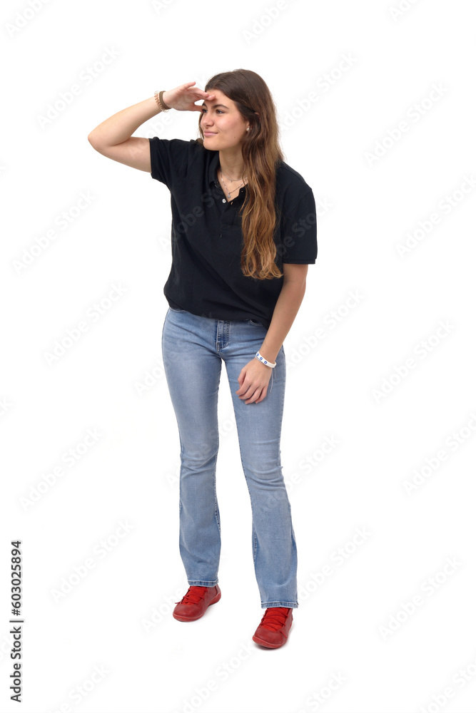 front view of young girl hand on forehead looking away on white background front view of young girl hand on forehead looking away on white background