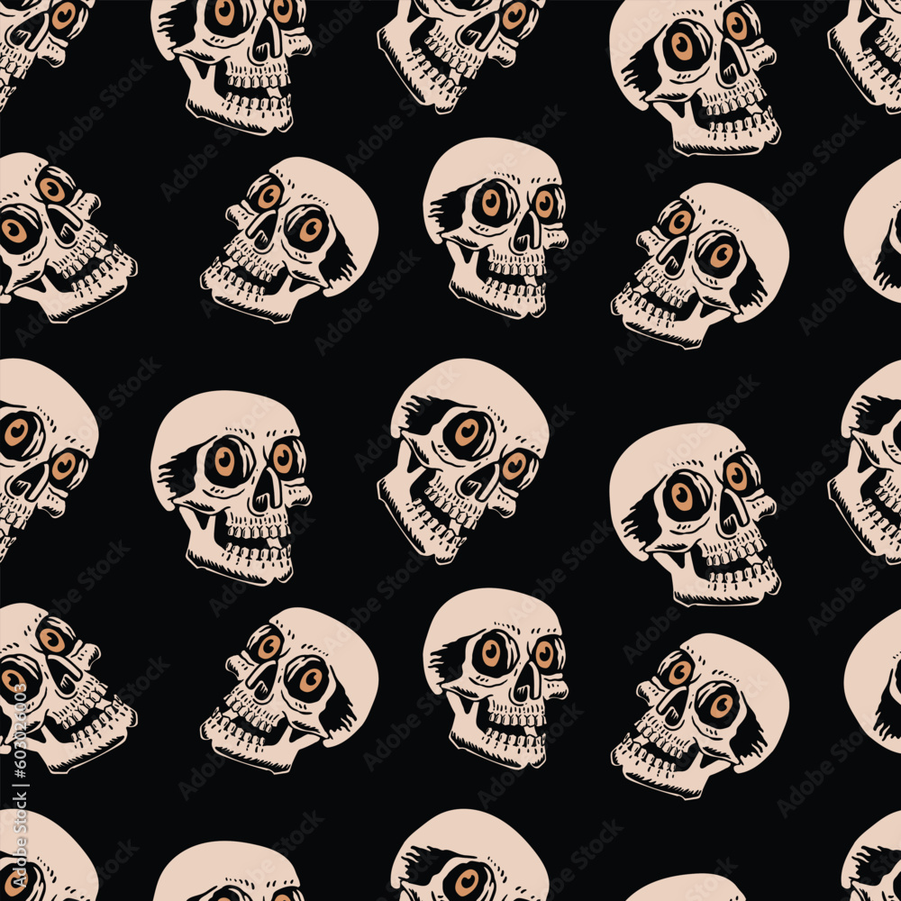 skull head seamless pattern on black backgroundBasic RGB