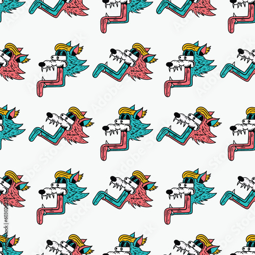 seamless pattern of bulging eyes wolf with sticking out tongue in vintage style