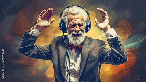 Elderly man dancing with headphones photo