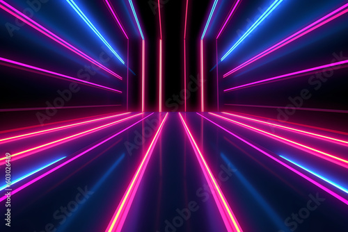 blue and pink neon lines in an empty room. generative AI