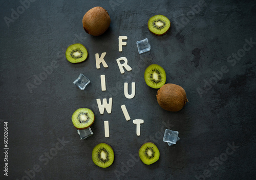 Kiwi fruit flat lay image with ice cubes